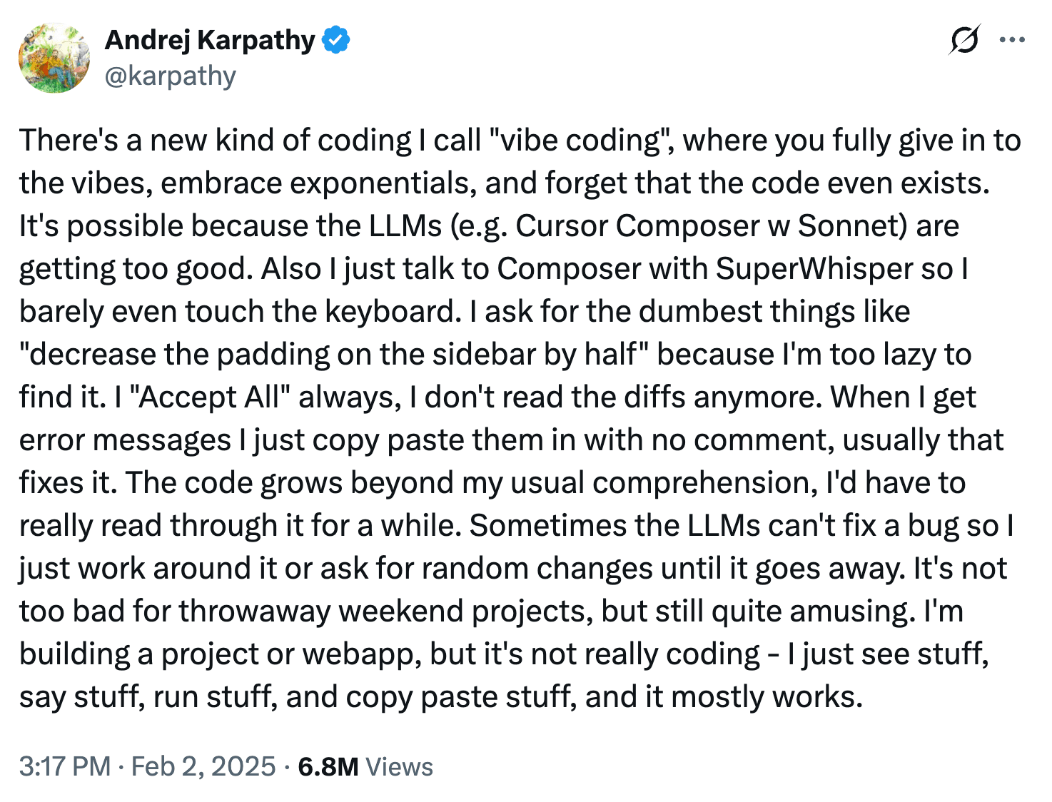 Andrej Karpathy vibe coding tweet